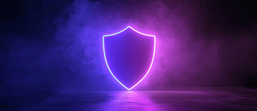 A technology symbol in the form of a pink and blue neon light shield icon is depicted in 3D, standing out against its black background