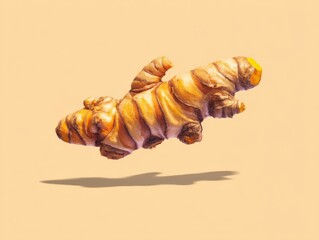 Floating Turmeric Root with Shadow and Warm Earthy Color Palette