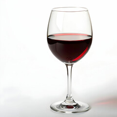 A wine glass is isolated on a white background, featuring a sleek, elegant stem and clear bowl