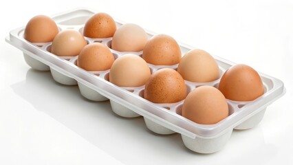 A carton of eggs with varying shades and textures displayed neatly.