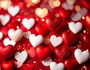Red and white 3D hearts scattered on a sparkling red background with golden bokeh lights. Festive romantic composition perfect for Valentine's Day, love, or celebration themes.