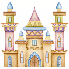 Watercolor illustration of a fantasy castle on a transparent background.