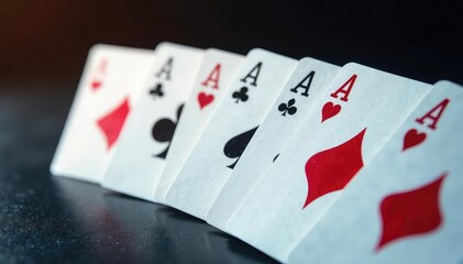 Obraz premium Playing cards arranged in a row showing an ace of each suit , background, vintage, still life