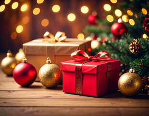 Beautifully wrapped Christmas gifts with red and gold ribbons on a wooden surface, surrounded by ornaments and a decorated tree. Warm festive lights create a cozy holiday mood.
