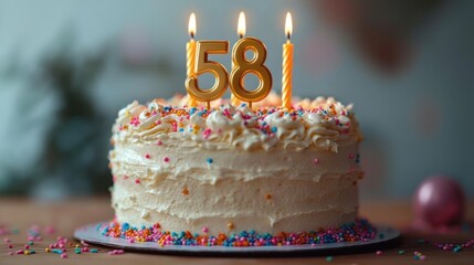 Round birthday cake with white frosting, colorful sprinkles, two number candles showing fifty-eight, and two lit twisted candles, festive and warm ambiance