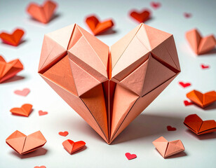 Creative composition of geometric origami hearts made from pink and red paper on a white background. Symbol of love, Valentine's Day, romance, and handmade artistic craft.