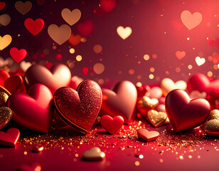Romantic composition of red and golden hearts with glowing bokeh lights and glitter on a red background. Festive and dreamy mood perfect for Valentine's Day or love celebration themes.
