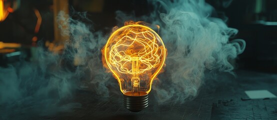 Vibrant orange and yellow neon colors illuminate a lightbulb icon, a technological symbol rendered in 3D and set against a contrasting black background