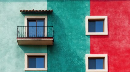 Fototapeta premium Vibrant architectural facade with colorful wall design and windows