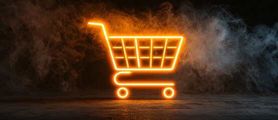 An icon of shopping, colored in vibrant orange and yellow neon, serves as a technology symbol and is depicted in a 3D render against a black background