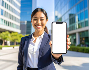 Smiling businesswoman in a suit holding a smartphone with blank white screen outdoors in a modern city area. Perfect for app mockup, mobile technology, or business presentation.
