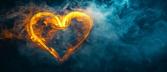 Vibrant orange and yellow neon lights form a heart icon, serving as a symbol of technology, rendered in 3D and placed on a black background for contrast