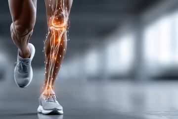 Dynamic athlete running indoors showcasing the human leg anatomy with highlighted muscles and joints for fitness and sports science