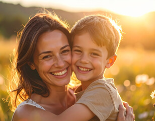 Happy mother and son embracing outdoors at sunset, smiling brightly in a golden field. Warm light and joyful expressions capture a loving family moment in nature.
