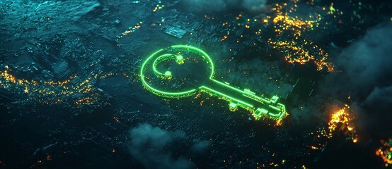 A green neon key icon is the vibrant colored technology symbol in this image, which has been rendered in 3D and isolated on black