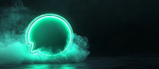 A technology symbol, depicted as a green neon light sms icon, is shown isolated on a black background in a 3D rendered image