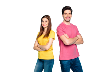 Portrait of his he her she nice attractive lovely charming cheerful cheery content couple standing back to back folded arms isolated over bright vivid shine vibrant green turquoise background