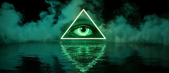 This 3D render depicts a green neon light eye icon, a symbol of vibrant colored technology, against a stark black background