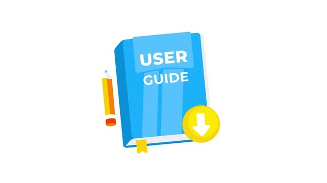 User guide book with download and information icon animation on white and green screen