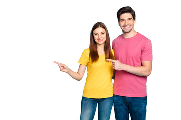 Portrait of his he her she nice attractive lovely cheerful cheery content couple hugging pointing...