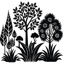 Set of Plants and Trees with Their Silhouettes – Vector Collection of Botanical Elements

