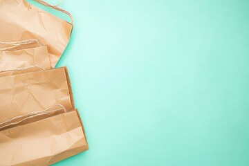 Fototapeta premium A green background isolates brown shopping bags that are made from recycled materials and used as gifts