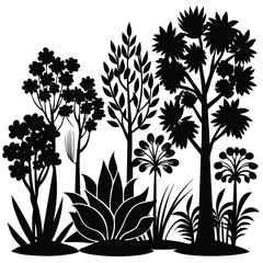 Set of Plants and Trees with Their Silhouettes – Vector Collection of Botanical Elements


