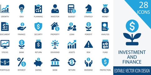 A clean and modern black vector icon set representing key investment and finance concepts including growth, planning, investor, budget, profit, risk, saving, passive income, portfolio, and more. 