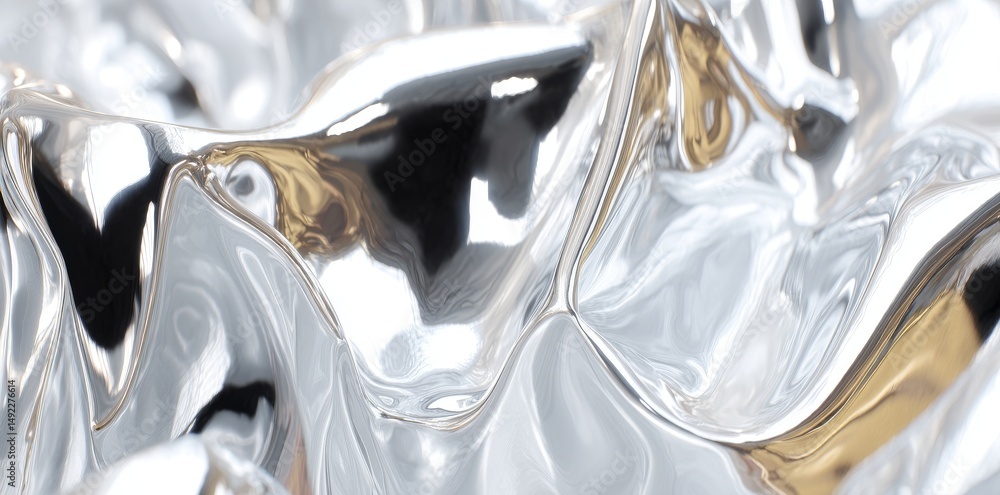Poster up close, the texture of liquid metal appears in a silver-gray color with noticeable highlights and 