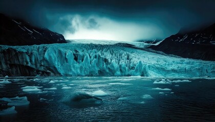 A dramatic icy glacier under a dark cloudy sky, with chunks of floating ice in the freezing blue water below.