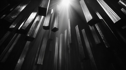 Obraz premium A massive pile of silver bars features reflective surfaces that capture light rays, showcasing a stunning symbol of wealth