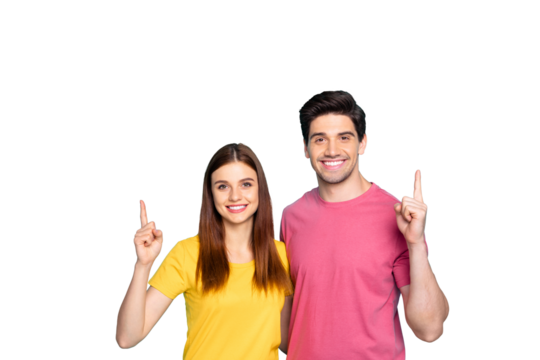 Portrait of his he her she nice attractive lovely charming cheerful cheery content couple hugging pointing up ad advert news novelty isolated over bright vivid shine vibrant green turquoise background
