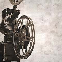 textured stylish old paper background, square,  with old movie projector