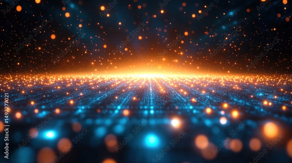 Poster abstract futuristic landscape with glowing blue grid and floating orange lights creating a sense of 