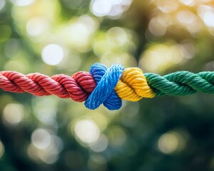 The concept of a strong and diverse network is represented by a rope team that integrates a braid with colorful backgrounds to symbolize cooperation and empowerment