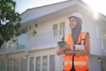 Muslim female site engineer monitors a home building project, holding a blueprint roll and two-way radio. She shows leadership and responsibility in construction..