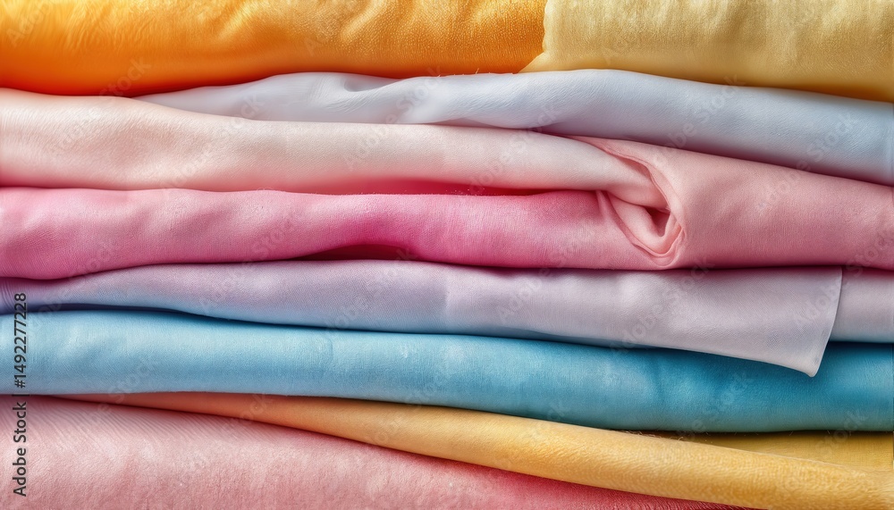 Poster a close-up of neatly folded pastel-colored silk or satin fabrics creating a soft and luxurious textu