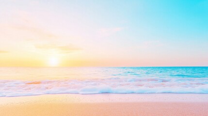 Fototapeta premium Sunset over ocean with colorful sky reflection on wet sand beach. Tropical vacation and romantic beach concept. Image for wallpaper, poster and social media background with copy space.