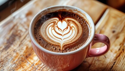 a close-up shot of a warm, richly colored latte with intricate heart-shaped latte art resting on a rustic wooden surface.