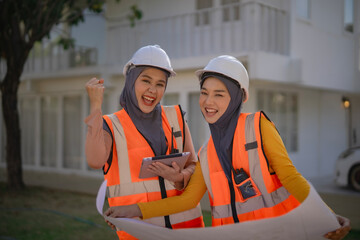 Confident female architects in hijab work together at a building site. Wearing orange vests and...