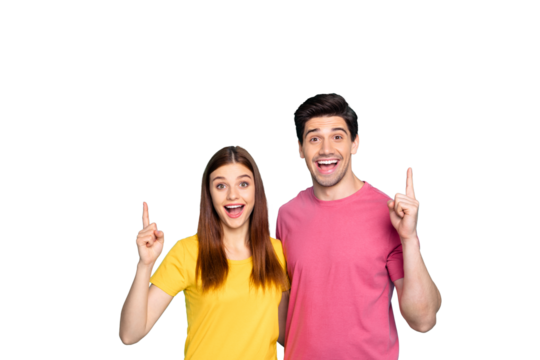 Portrait of his he her she nice attractive charming friendly cheerful glad couple hugging pointing up ad advert new tips feedback isolated over bright vivid shine vibrant green turquoise background