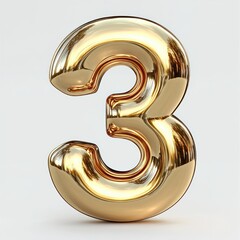 Shiny metallic gold number three with reflective surface on a plain light background