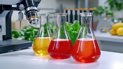 Three Erlenmeyer flasks containing yellow, red, and pink liquids sit on a lab table near a microscope and fresh produce. The image suggests food science or research.