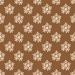 A seamless winter pattern with stylized beige snowflakes on a warm brown background. Ideal for Christmas, cozy seasonal designs, textiles, wrapping paper, and festive decoration projects
