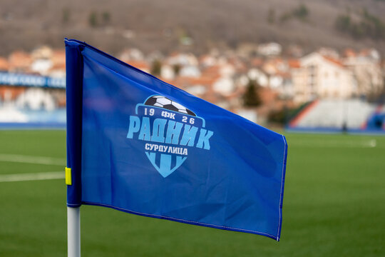 SURDULICA, SERBIA, MARCH 12, 2025: FK Radnik Surdulica corner flag is seen on the pitch before the Serbian SuperLiga football match between FK Radnik and FK Partizan.