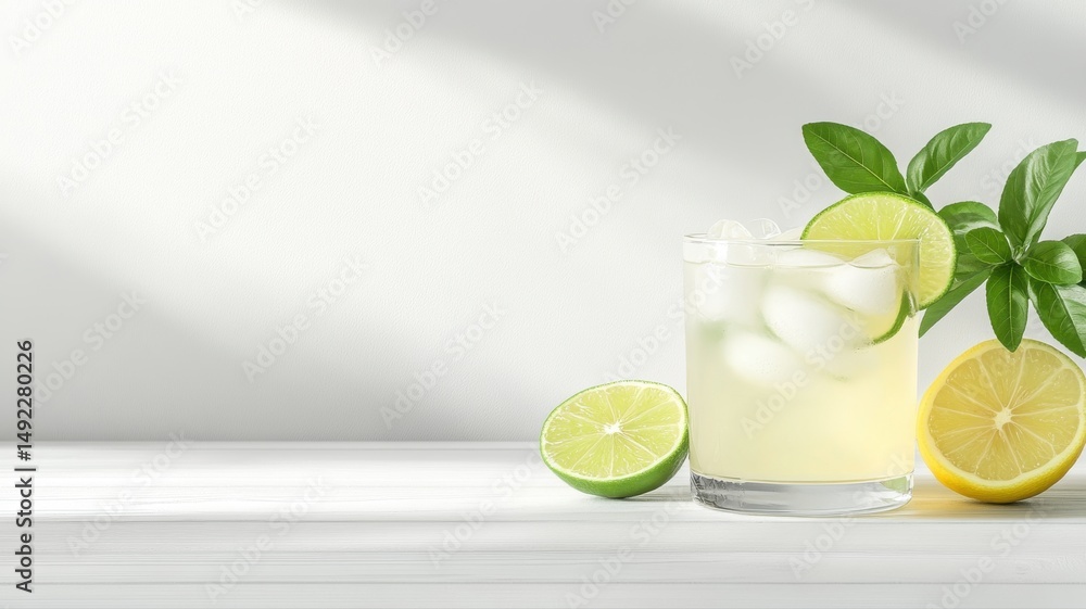 Poster refreshing citrus drink with lemon and lime on white table with shadows drink lemon lime citrus cold