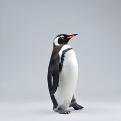 Fototapeta premium Full shot of adult subantarctic gentoo penguin Pygoscelis papua in studio on gray background