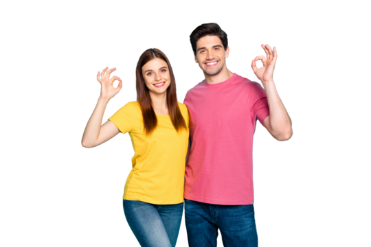 Portrait of his he her she nice attractive lovely affectionate cheerful cheery couple hugging showing ok-sign ad advert advice isolated over bright vivid shine vibrant green turquoise background