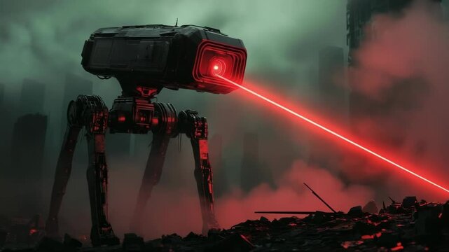 Dystopian combat robot scanning the ruins with a red laser in a post-apocalyptic city, symbolizing artificial intelligence, war, and technological dominance