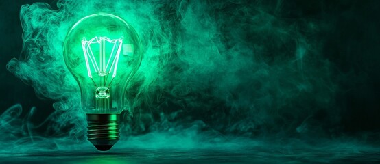 Vibrant colored technology is represented by a green neon light lightbulb icon in this 3D render, which is isolated on a black background